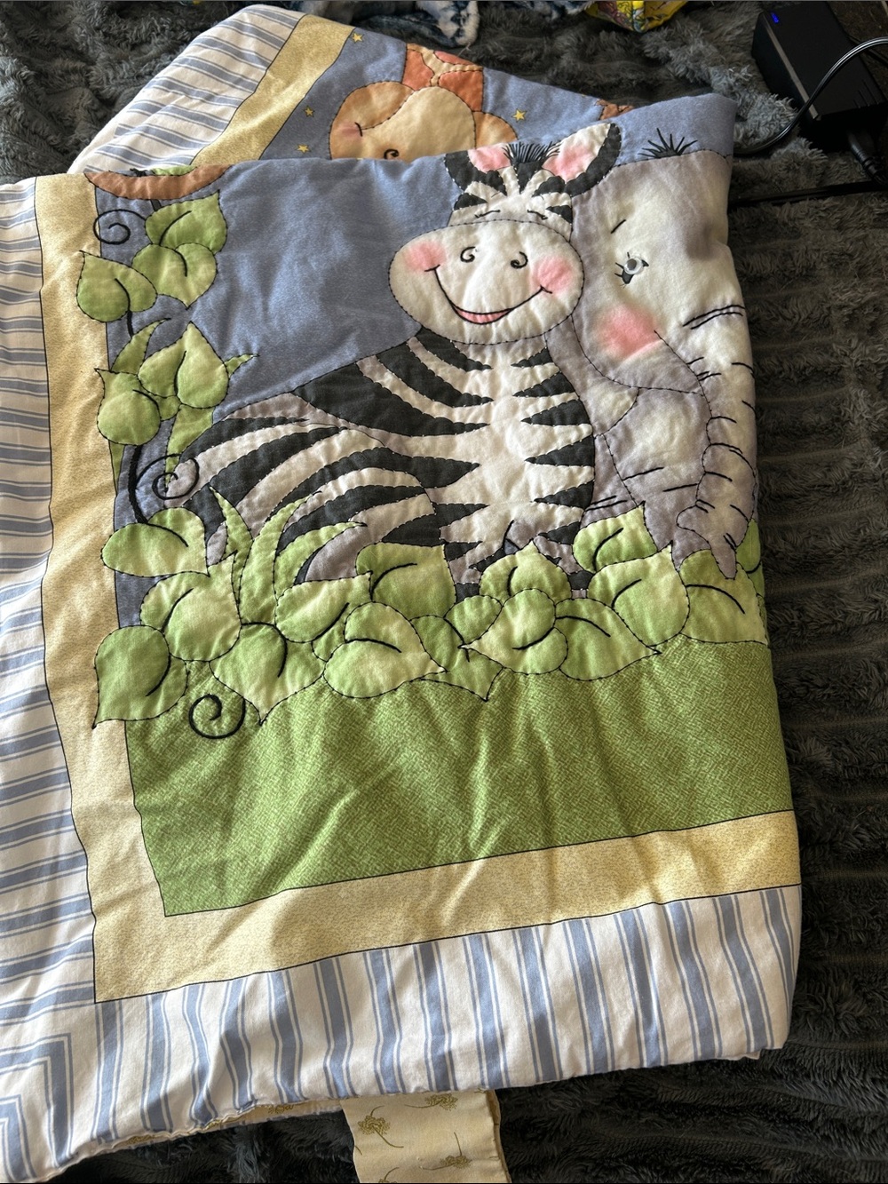 Green & Blue Baby Cat Blanket with Zebra and Elephant Design